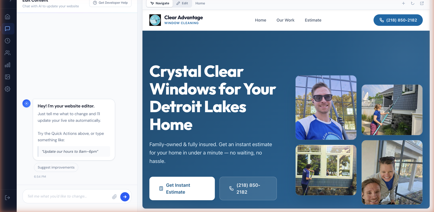 Site Engine admin dashboard showing site stats, quick actions, and recent activity
