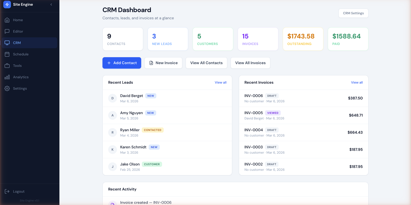 CRM dashboard showing contacts, leads, invoices, and recent activity