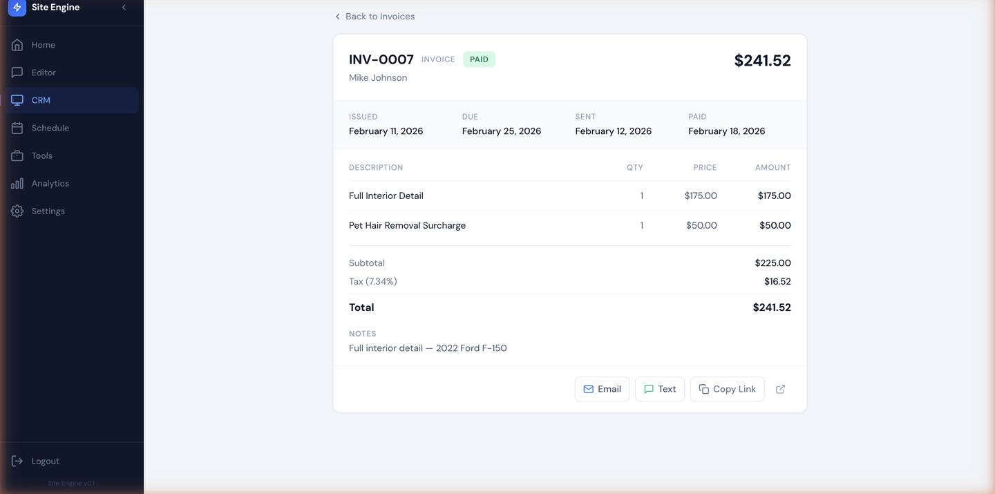 Invoice detail view with line items, totals, and send options