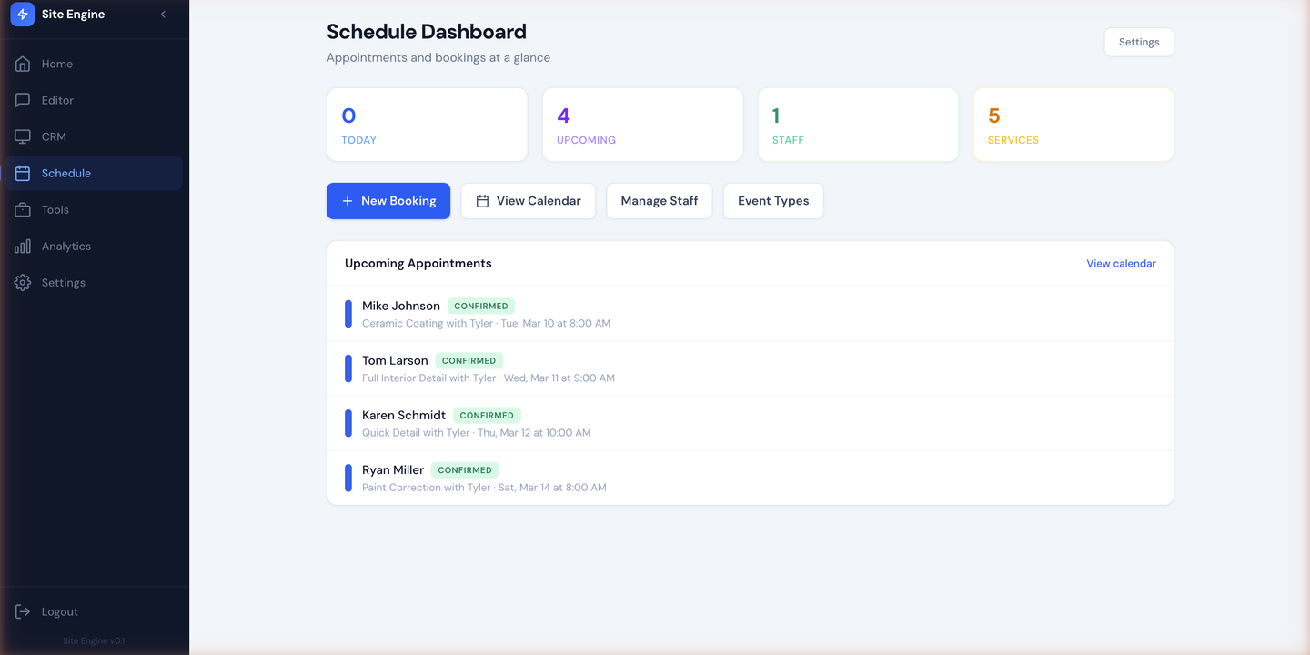 Scheduling dashboard with appointment stats, calendar, and staff management